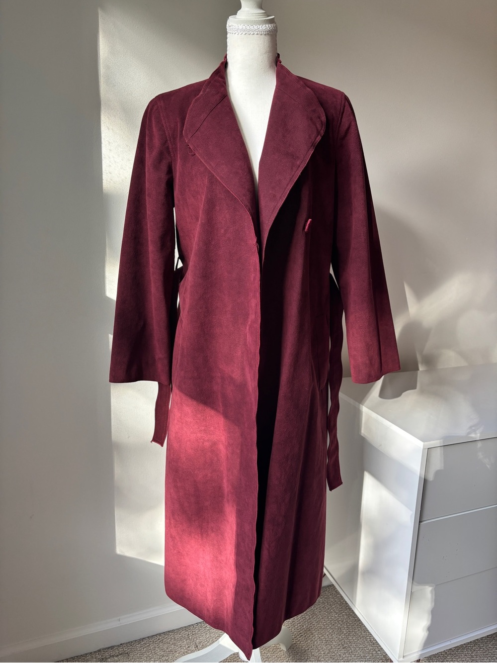 Long Burgundy Suede Trench Coat with Tailored Lapel